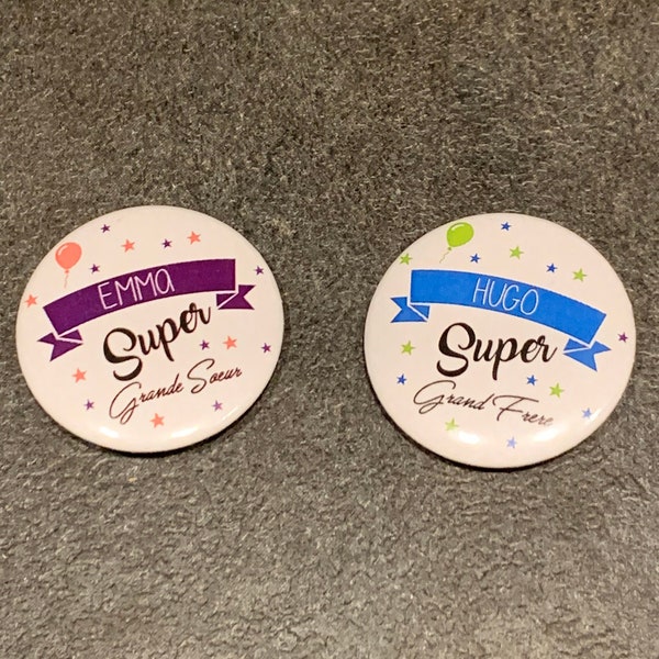 Badge personnalisé - Super grand frère / soeur - Ballons - Commande Personnalisée