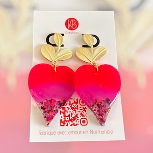 Red glitter resin heart earrings – Handmade jewelry – Original gift for women – Handcrafted in Normandy