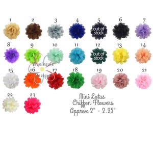 May include: A selection of mini lotus chiffon flowers in a range of colours, such as tan, brown, grey, blue, black, purple, green, orange, red, pink, and white. The flowers are approximately 5 to 5.7 cm in diameter.