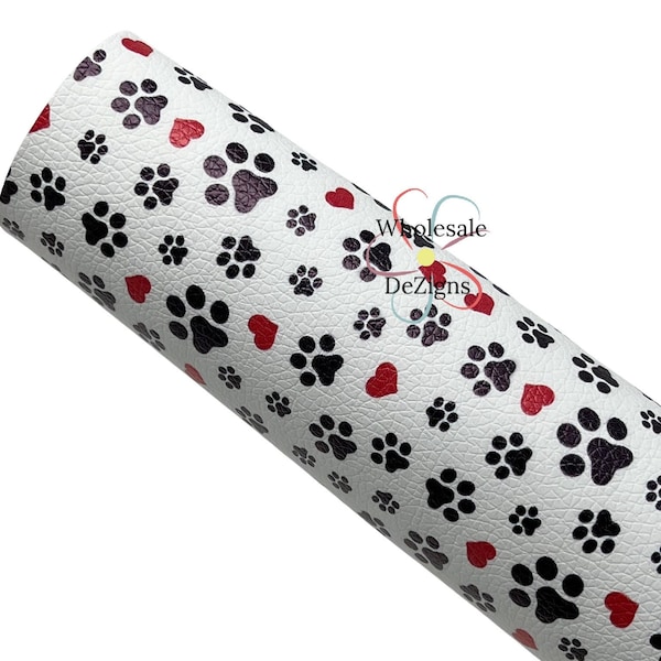 Paw Prints and Hearts Faux Litchi Leather Sheet Paw Print Heart Dog Cat Animal Printed Sheets 7.75" x 13" Fabric DIY Bows Craft Material