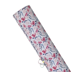 Floral Faux Leather Sheet, Blue and Coral Flower Leather, Spring Print Leather, DIY Craft Material