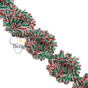 Christmas Shabby Chiffon Flowers by the Yard, Chevron Frayed Vintage Rosette Trim, Red White and Green Roses for Xmas Crafts, Flower Supply