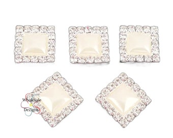 Square Pearl and Rhinestone Button - Metal Base - 18 mm Round Buttons - Flat Back