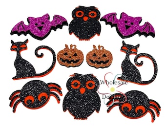 Halloween Pumpkins Owls Spiders Cats & Bats | Felt Appliques Black Orange Purple Glitter DIY Hair Clip Clothing | Costume Party Craft -2 Pcs
