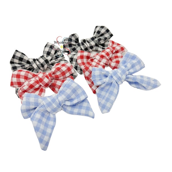 Set of 2 Gingham Fabric Bows | Red, Blue, Black Checkered Cotton Bows | DIY No clips | Small Pigtail Bows 2.5" Bows | Little Hair Bows
