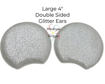 Large 4" SILVER Glitter Mouse EARS Double Sided Padded Appliques Puffy Fabric Headband Hair Clip Embellishment DIY Mouse Headbands - 1 Pair