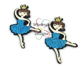 Blue Glitter Ballerinas - Felt Appliques - Dancing Girl Doll Ballet - Pink Tutu - Gold Crown - Feltie Embellishment 2.75" -  DIY