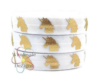 Flat Sewing Supplies Unicorn Print Fold Over Elastic FOE DIY Hair Tie Making 58 inch FOE White Gold Metallic Soft Printed Elastics