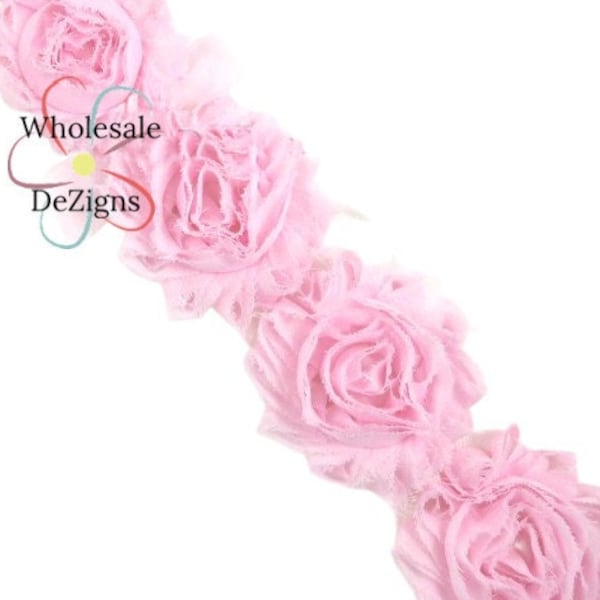 Baby Pink Shabby Chic Chiffon Flowers - 1 Yard Trim Frayed Vintage Rosettes Rose Mesh Light Pink Yard Flowers DIY Headband 2.5"