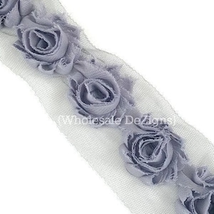 Petite Dark Grey Shabby Chic Chiffon Flowers 5pcs, Half yd, One Yard Trim Wholesale Lot Frayed Vintage Rosettes Gray - Small 1.5&quot; - Mini