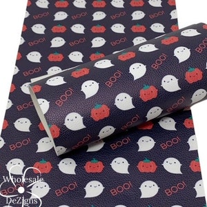 Ghost and Pumpkin Halloween Faux Litchi Leather Sheet Printed Orange Pumpkins White Ghost - Boo - Sheets 7.75&quot; x 13&quot; Fabric Craft Material