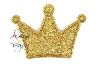 Gold Glitter Crown Applique, Double Sided Puffy Crowns, Crowns for Headbands, Clothing Decoration, DIY Hair Supply Crafts, No Flake 3.25"