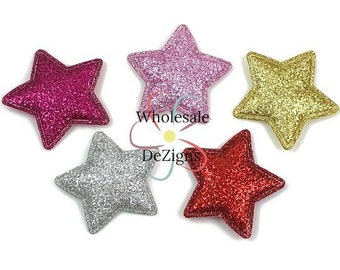 Glitter Star Padded Appliques - Fabric Back Embellishment 1 3/8&quot; - Puffy Embellishments - Light Hot Pink Silver Red Gold - 5 Pieces