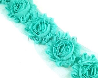 Sea foam petite 1.5/" shabby chiffon rose trim frayed flower 1//2 or 1 yard