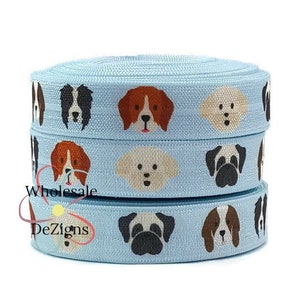 3 Yards Blue Dog Elastic Light Blue FOE - Doggy Faces Fold Over Elastic 5/8" Print Headbands Animal Puppy DIY Headbands Hair Ties - Elastic