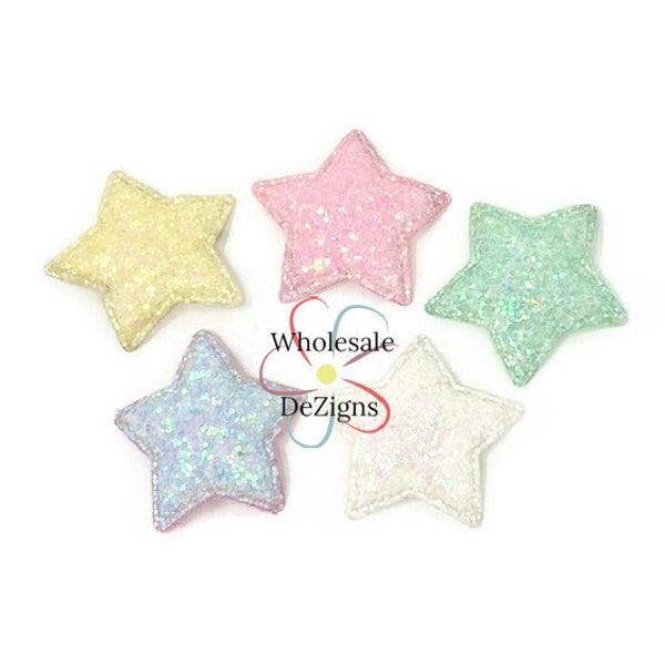 5 Pastel Glitter Stars Padded Appliques Fabric Back Embellishment 1.5" Puffy Star Embellishments Pink White Blue Aqua Yellow Decoration 5 Pc