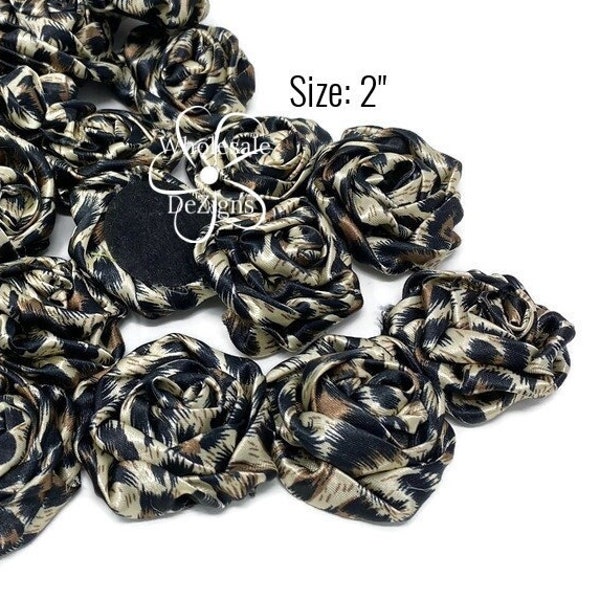 Leopard Rolled Rosette 2" Satin Ruffled Cheetah Animal Print Flowers - DIY Headband Hair Clip Supplies | You Choose Quantity