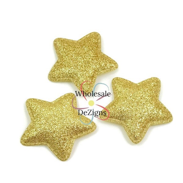 Gold Glitter Stars - Padded Appliques - 1.75" - Puffy Star Embellishments -Fabric Back Single Sided Star - DIY Headband Hair Craft Supplies