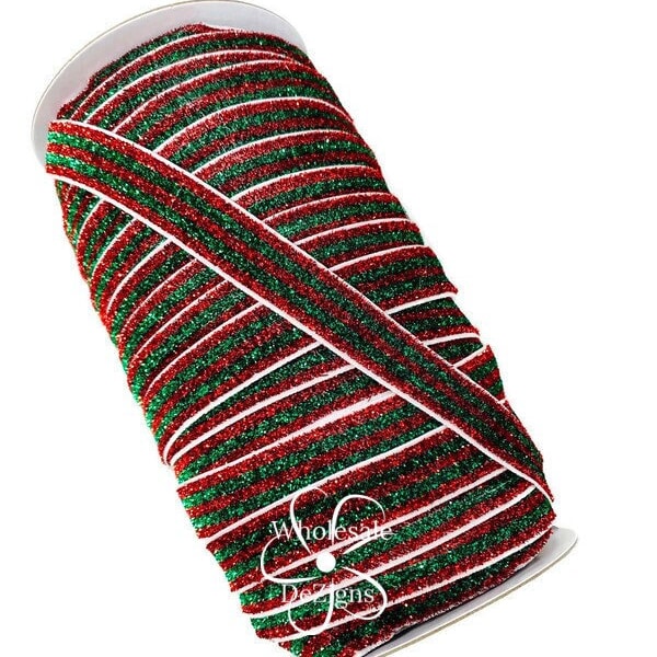 Christmas Glitter Sparkle FOE - 5/8"  Red White and Green Stripes Fold Over Elastic No Flake Sparkly DIY Headbands Hair Ties