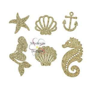 Gold Nautical Glitter Felties Appliques Felt Patch Starfish Seahorse Mermaid Seashell Anchor DIY Hair Clip Small 1&quot; & 2&quot;