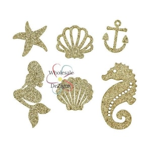Gold Nautical Glitter Felt Appliques, Small Starfish Seahorse Mermaid Seashell Anchor, DIY Hair Clip, Cruise Trinket, Fish Extenders, 1"- 2"