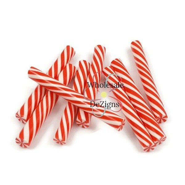 5 Red & White Peppermint Candy Cane Sticks Clay Resins Winter Cabochons Fake Candy Christmas Fully Round Cylinder Embellishment 2" - 5 pcs