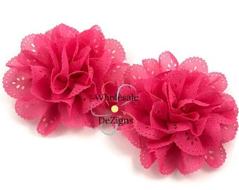 2 Hot Pink Chiffon Eyelet Flower - 3 inches DIY Flowers, Hair Accessories, DIY Headband Supplies - 2 Flowers