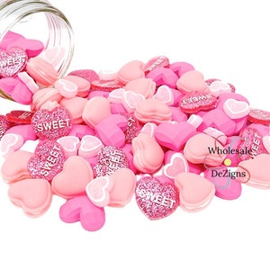 5 Pink CANDY HEARTS - Herz Cabochons Polymer Clay Resins Glitzer Herzen Rosa Pink Slime Filler Love Valentines -DIY Resins 1/2"