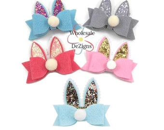 Easter Bunny Hair Bow, Felt & Glitter Rabbit Ears with Cottontail, With or Without Clip, Pink Blue Grey Coral Light Blue Colors, Size 2.75"