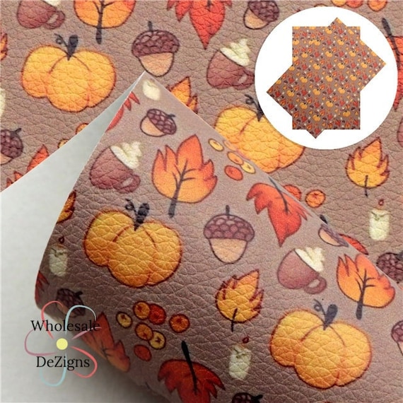 Fall Faux Leather, Pumpkin Litchi Leather Sheets, Autumn Craft Leather, Acorns Leaves Coffee Leather, DIY Fabric