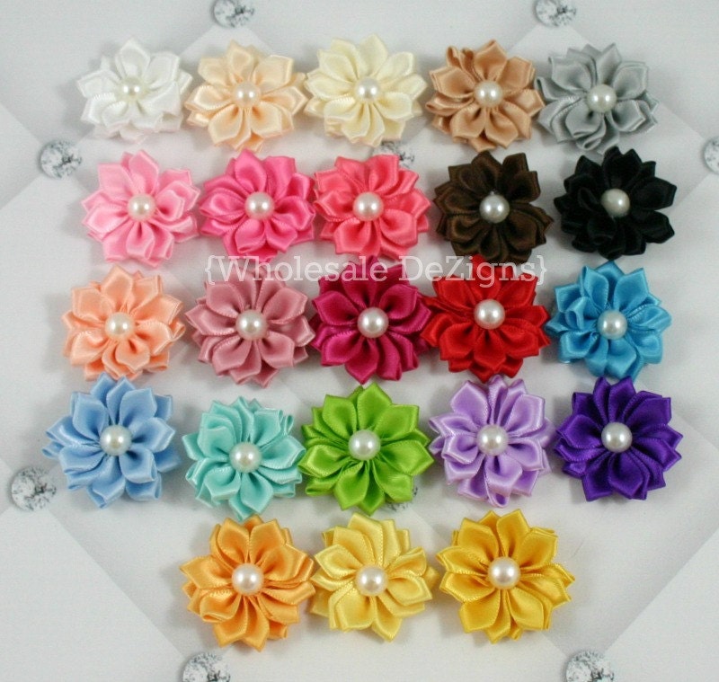Satin Ribbon Flowers With Pearls Small 1.5 You Etsy