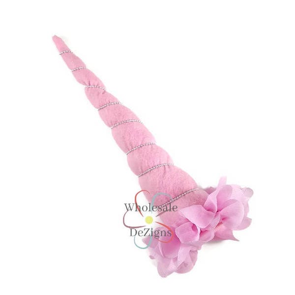 Large Pink Unicorn Horns 8" - 9" with Silver beads on Chiffon Flowers Padded Applique DIY Party Supplies Birthday Costume Supply