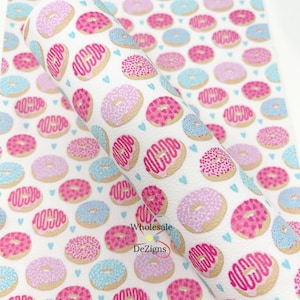 Yummy Donut Faux Leather Sheets | Sprinkled Iced Frosted Light Pink Blue Hot Pink Lavender Doughnuts | Fabric Sheets 7.75&quot; x 13&quot;