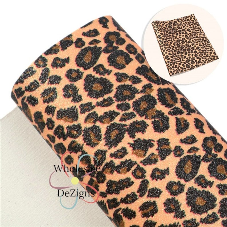 Glitter Leopard Print Leather Sheet, Cheetah Black Brown Animal Print Material, Glittery Canvas Sheets, DIY Craft Material for Bows Earrings image 1