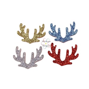 5 Glittery Deer Antlers | Small Deer Horns 1.5&quot; | No Flake Glitter Appliques | Double Sided DIY Headband Supplies Christmas Supply Set of 5
