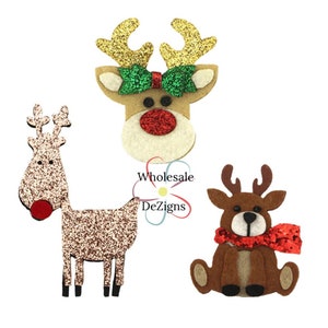 May include: Three Christmas reindeer decorations. One reindeer head with gold glitter antlers, a green bow, and a red glitter nose. Another is a full reindeer with glitter and a red nose. The third is a seated reindeer with a red scarf.