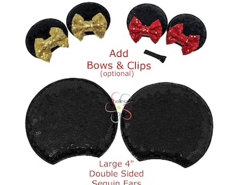 Large 4" Black SEQUIN Mouse EARS Double Sided Padded Appliques Puffy Fabric Headband Hair Clip Embellishment Add Ears and Bows - 1 Pair