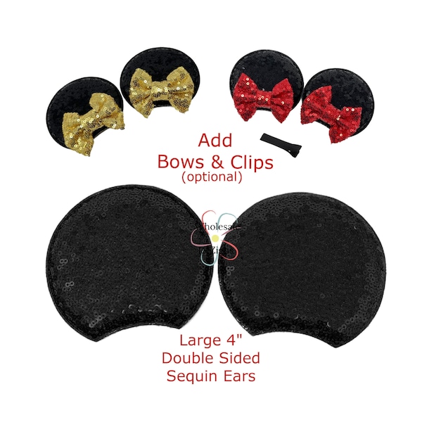 Large 4" Black SEQUIN Mouse EARS Double Sided Padded Appliques Puffy Fabric Headband Hair Clip Embellishment Add Ears and Bows - 1 Pair