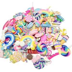 Grab Bag of Polymer Clay Resins Cabochons Flat Back Acrylic DIY Headband Hair Bow Slime Fimo Decoden Rainbows Lollipops Ice Cream Candy