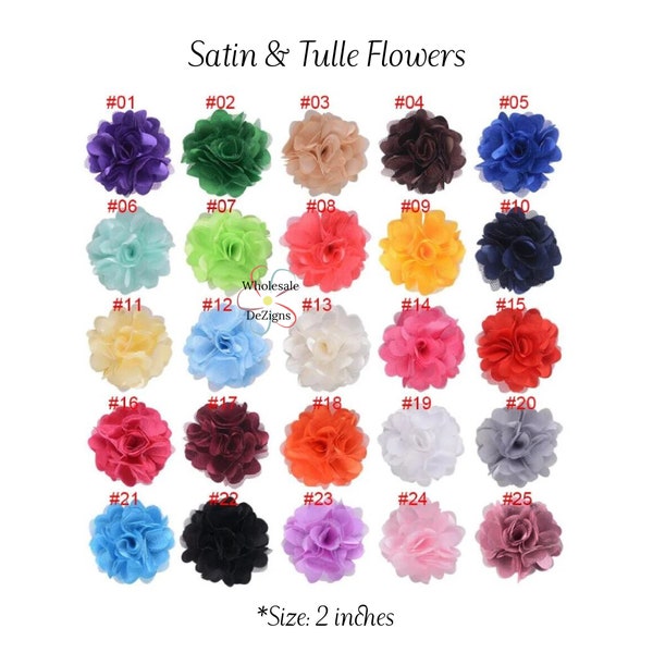 Mini Satin and Tulle Layered Flower Solid Small 2" Mesh Flowers Light Pink White Red Royal Blue Yellow Black Mauve Ivory Aqua Blue and More