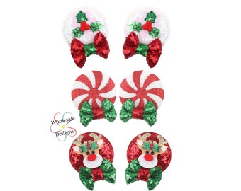 Christmas Mouse Hair Clips | Sequin Minnie Poinsettia, Peppermint, Reindeer | Toddler - Adult Hair Clips | Pigtails Buns & Hats -1 Pair