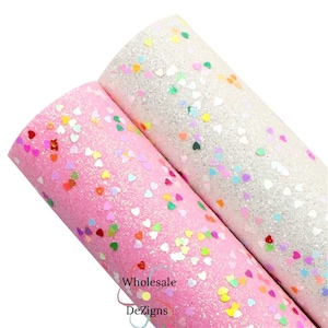 Pink & White Fine Glitter w/ Confetti Hearts Canvas Sheets Valentines Heart Printed Fabric Sheet 7.75&quot; x 13&quot; Fabric DIY Bows Craft Material