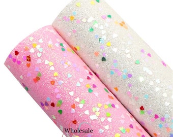 Pink & White Fine Glitter w/ Confetti Hearts Canvas Sheets Valentines Heart Printed Fabric Sheet 7.75" x 13" Fabric DIY Bows Craft Material