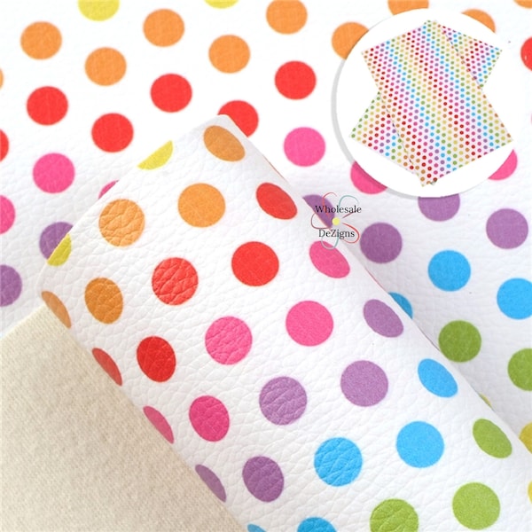 Rainbow Polka DOTS | Faux Litchi Leather Sheets | Blue Purple Pink Red Yellow Orange Green Dotted Fabric | Synthetic Sheet | 8" x 13"