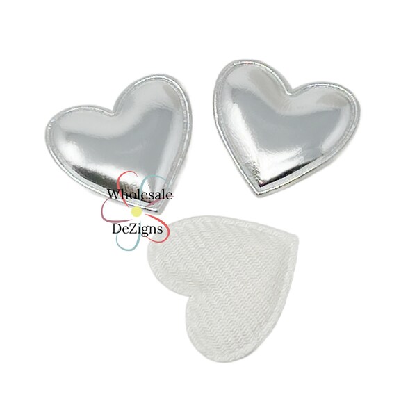 5 Silver Metallic Heart Padded Appliques - Fabric Back Embellishment 1.25" - Puffy Shiny Embellishments - Valentines Decoration - 5 Pieces