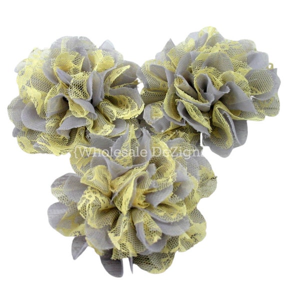 One Yellow and Grey Flower | Chiffon and Lace Flowers | 4" Full and Fluffy - 4 inches Large DIY Headband Hair Clip