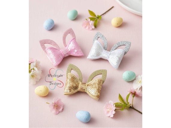 Easter Hair Bow Clips, Sequin and Glitter Bunny Ears, Easter Rabbit Ears, Easter Basket Gift, 2.5", With or Without Clips, 1 included