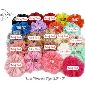 May include: A collection of circular lace flowers in various colors including yellow, orange, turquoise, lavender, coral, light pink, pink, and aqua green. Each flower features a ruffled texture. Text labels indicate color names and out of stock status.