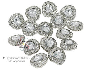 White Heart Buttons, Acrylic Rhinestone Buttons with Shank, 25mm 1" Button, White Heart Shaped Button, DIY Supplies, Shank is easily removed