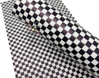 Black White Checkered Faux Litchi Leather Sheet Check Flag Nascar Printed Synthetic Vinyl Sheets 8" x 13" Fabric DIY Bows Craft Material